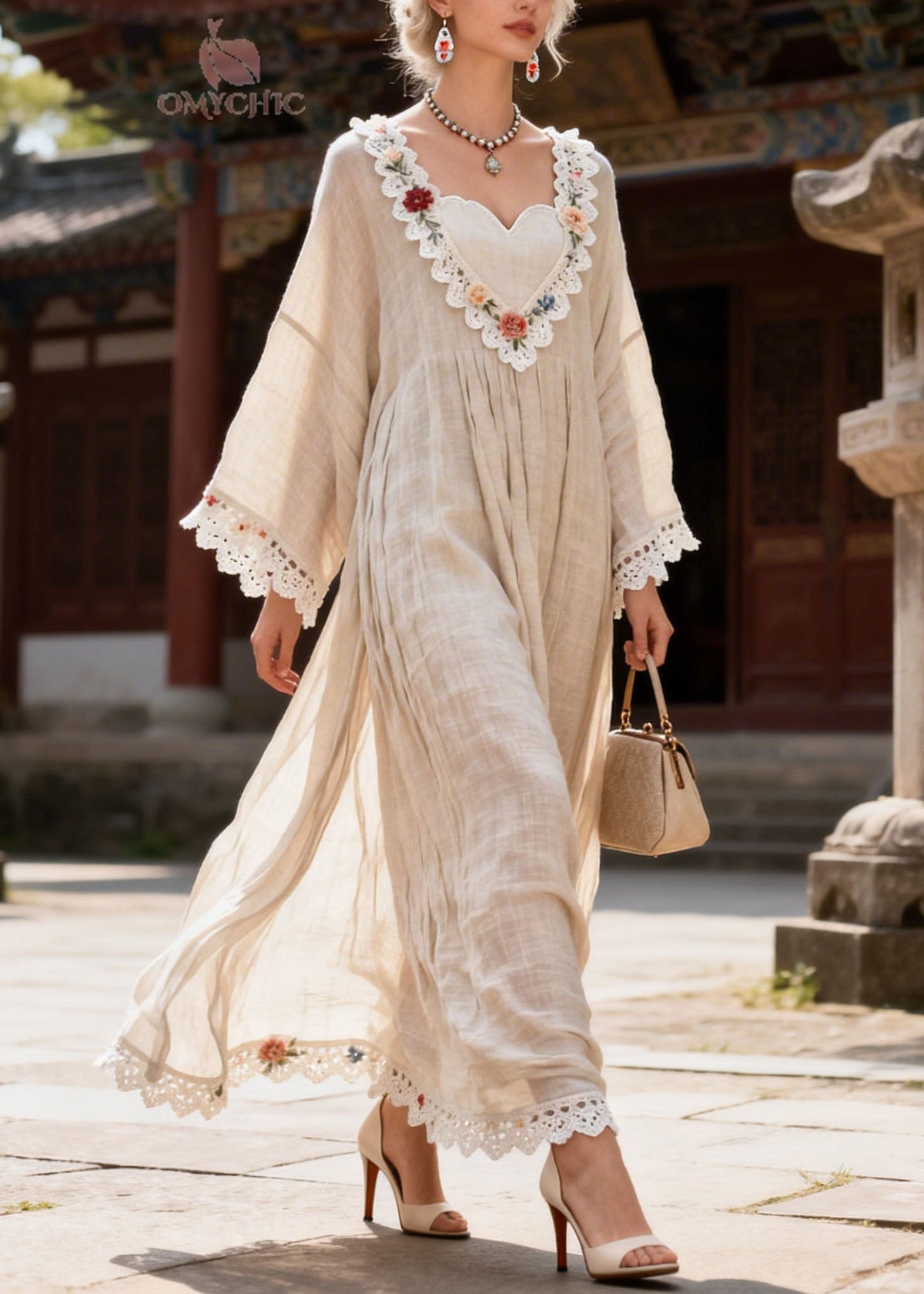 V-Neck Floral Embroidered Crochet Lace Bell Sleeve Pleated Maxi Dress