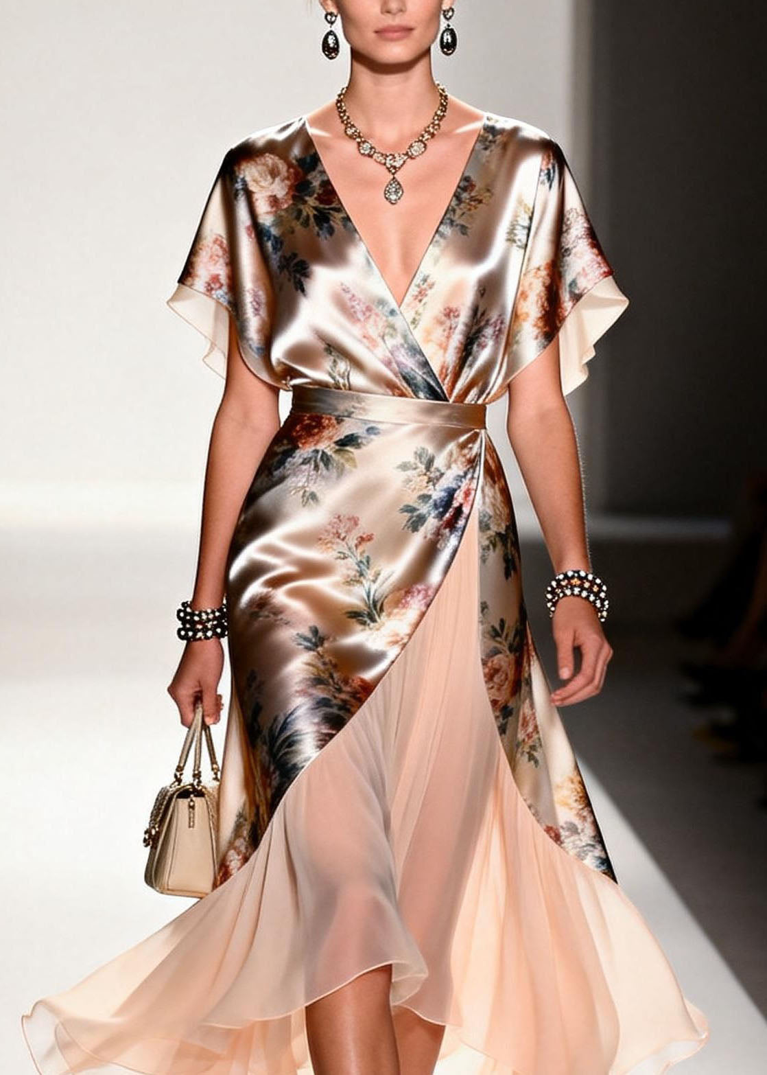 Deep V-Neck Flutter Sleeve Wrap Belt Floral Print Sheer Panel Midi Dress
