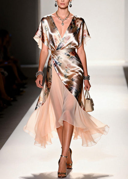 Deep V-Neck Flutter Sleeve Wrap Belt Floral Print Sheer Panel Midi Dress