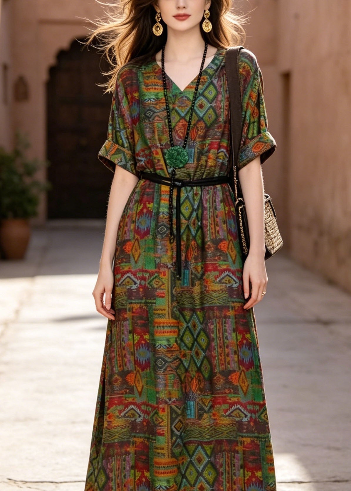 V-Neck Short Sleeve Belted Geometric Tribal Print Cotton Maxi Dress