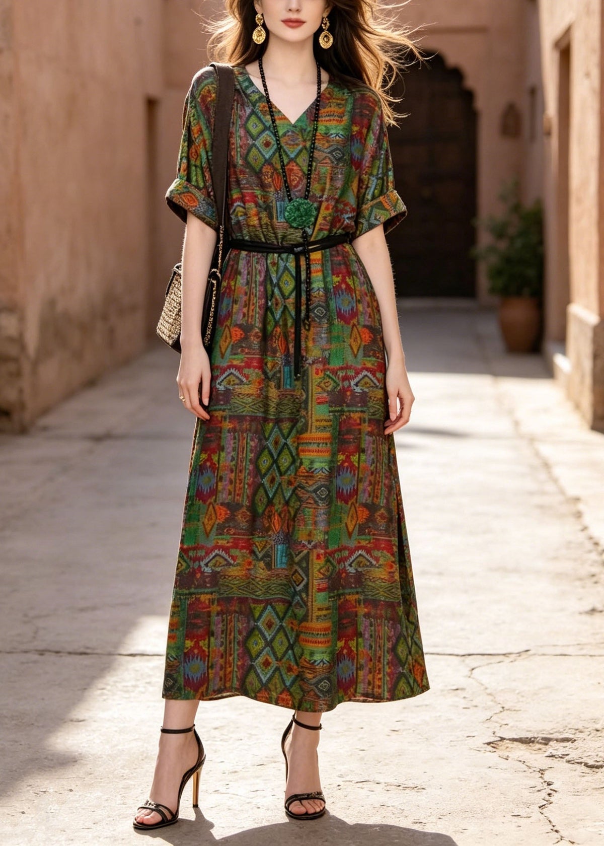 V-Neck Short Sleeve Belted Geometric Tribal Print Cotton Maxi Dress