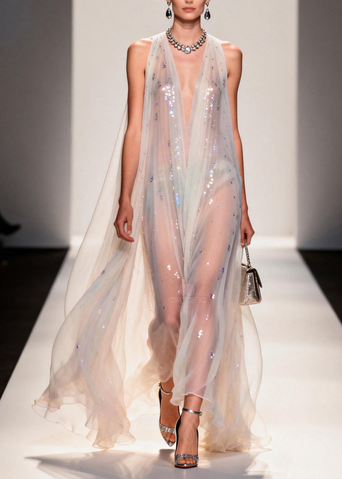 Deep V-Neck Sequin Sheer Cape Sleeve Maxi Gown