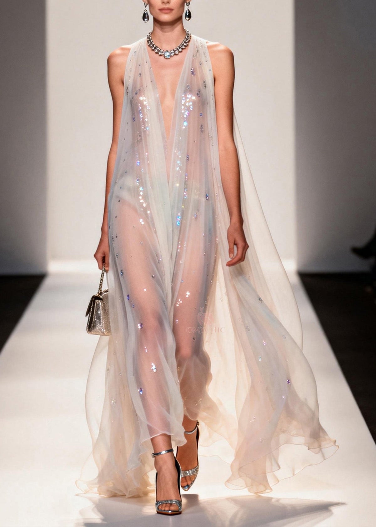 Deep V-Neck Sequin Sheer Cape Sleeve Maxi Gown