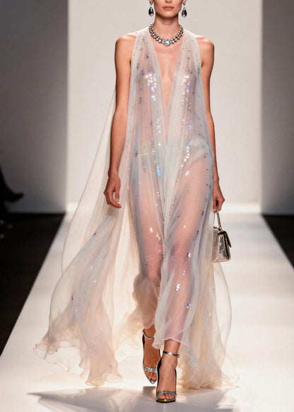Deep V-Neck Sequin Sheer Cape Sleeve Maxi Gown