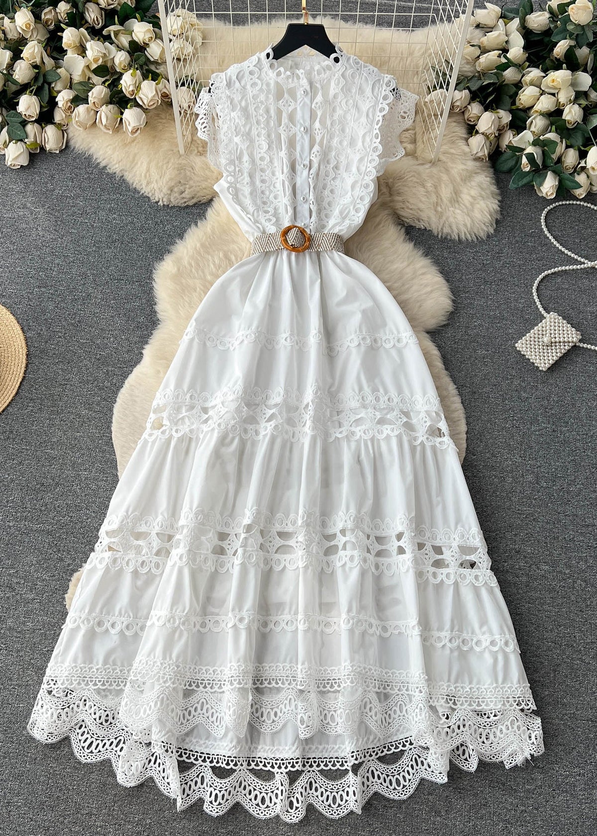 Mandarin Collar Eyelet Lace Tiered Scalloped Hem Straw Belt Dress