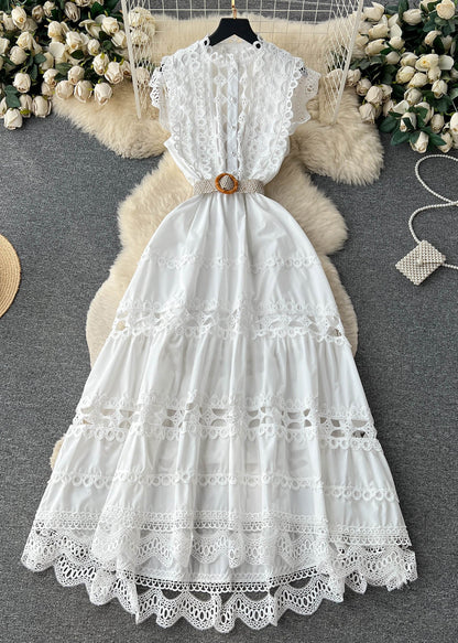 Mandarin Collar Eyelet Lace Tiered Scalloped Hem Straw Belt Dress