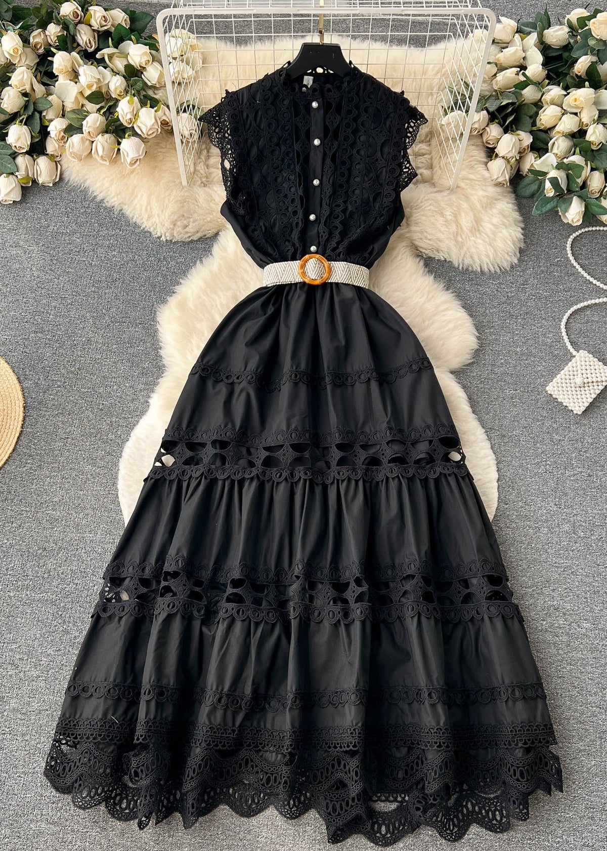 Mandarin Collar Eyelet Lace Tiered Scalloped Hem Straw Belt Dress