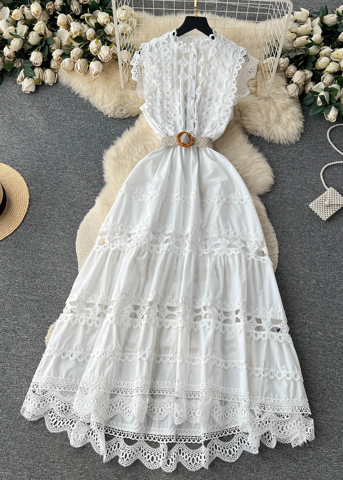 Mandarin Collar Eyelet Lace Tiered Scalloped Hem Straw Belt Dress