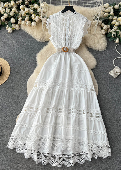 Mandarin Collar Eyelet Lace Tiered Scalloped Hem Straw Belt Dress