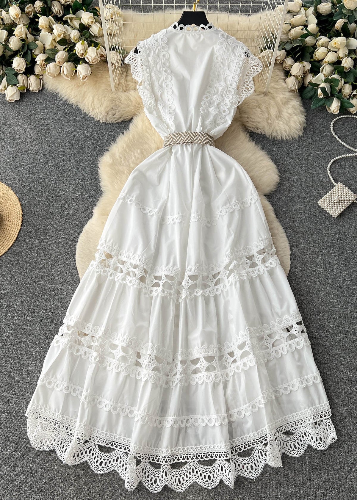 Mandarin Collar Eyelet Lace Tiered Scalloped Hem Straw Belt Dress