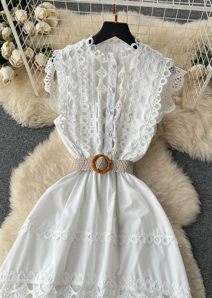 Mandarin Collar Eyelet Lace Tiered Scalloped Hem Straw Belt Dress