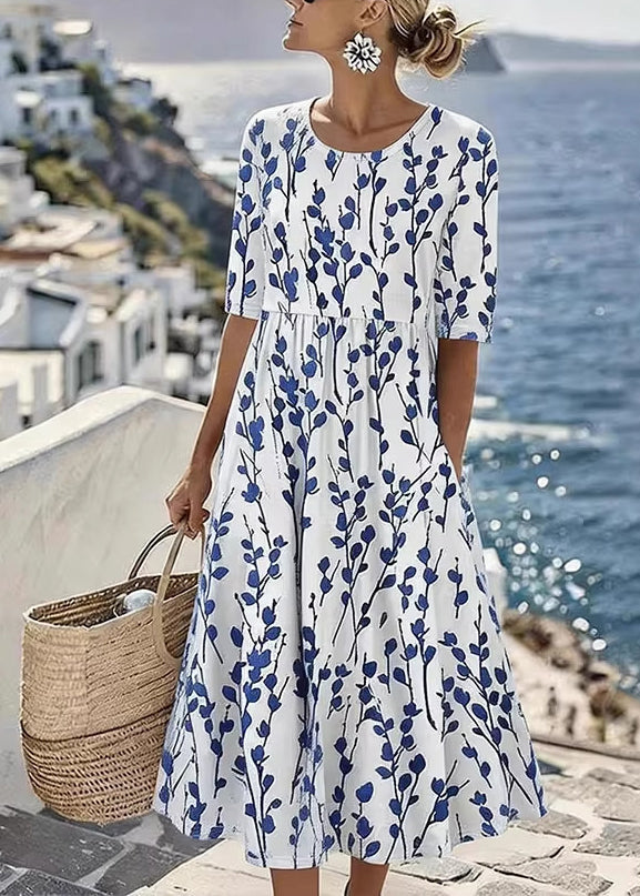 Floral Print Round Neck Half Sleeve Pocket Maxi Dress