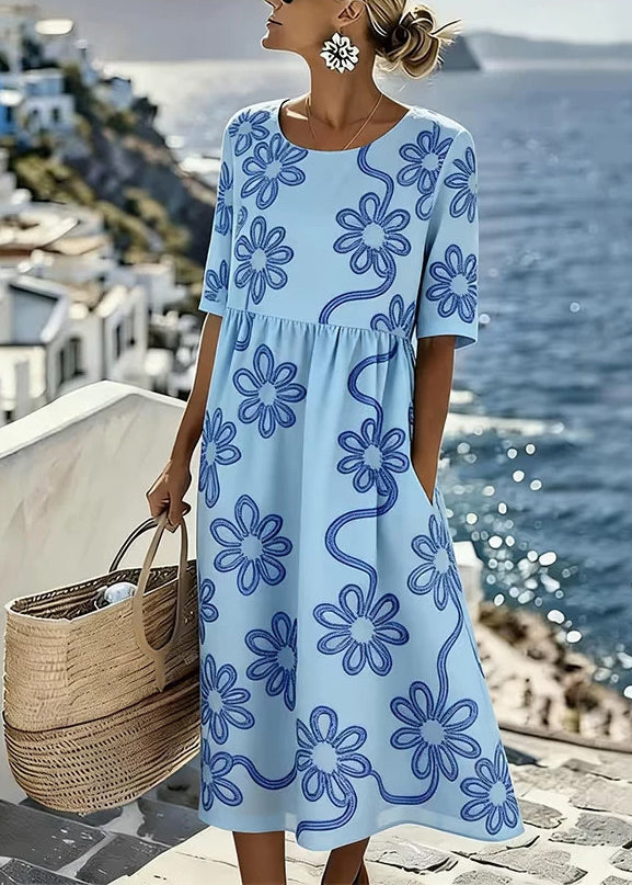 Floral Print Round Neck Half Sleeve Pocket Maxi Dress