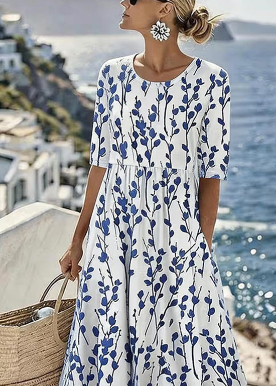 Floral Print Round Neck Half Sleeve Pocket Maxi Dress