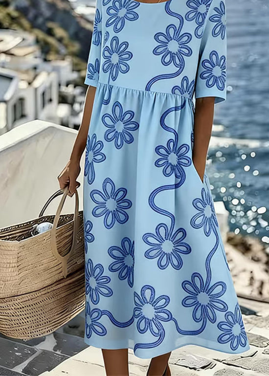 Floral Print Round Neck Half Sleeve Pocket Maxi Dress