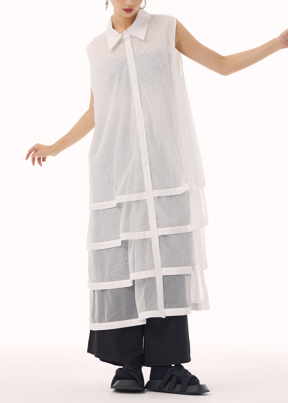 Peter Pan Collar Sheer Mesh Tiered Sleeveless Shirt Dress