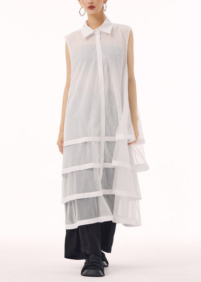 Peter Pan Collar Sheer Mesh Tiered Sleeveless Shirt Dress