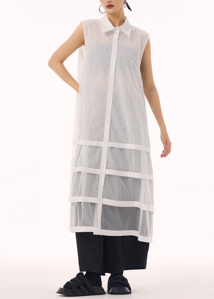 Peter Pan Collar Sheer Mesh Tiered Sleeveless Shirt Dress