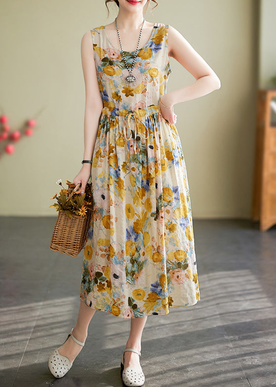 Scoop Neck Drawstring Waist Sleeveless Large Floral Print Linen Midi Dress
