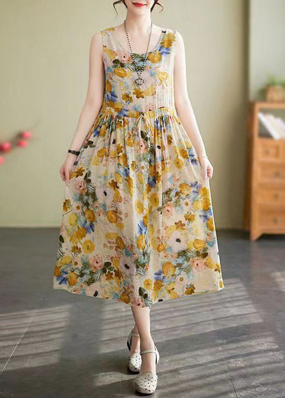 Scoop Neck Drawstring Waist Sleeveless Large Floral Print Linen Midi Dress