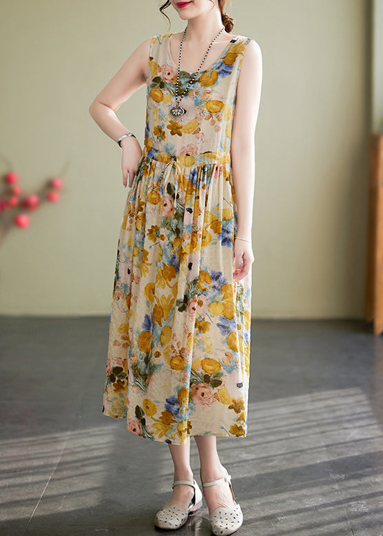 Scoop Neck Drawstring Waist Sleeveless Large Floral Print Linen Midi Dress