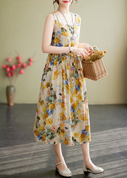 Scoop Neck Drawstring Waist Sleeveless Large Floral Print Linen Midi Dress