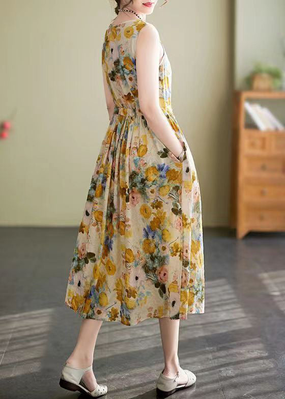 Scoop Neck Drawstring Waist Sleeveless Large Floral Print Linen Midi Dress