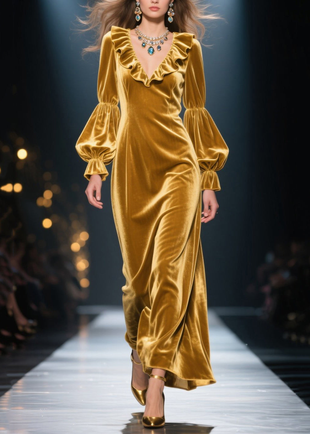 Ruffle Collar Deep V-Neck Velvet Balloon Sleeve Floor Length Maxi Gown