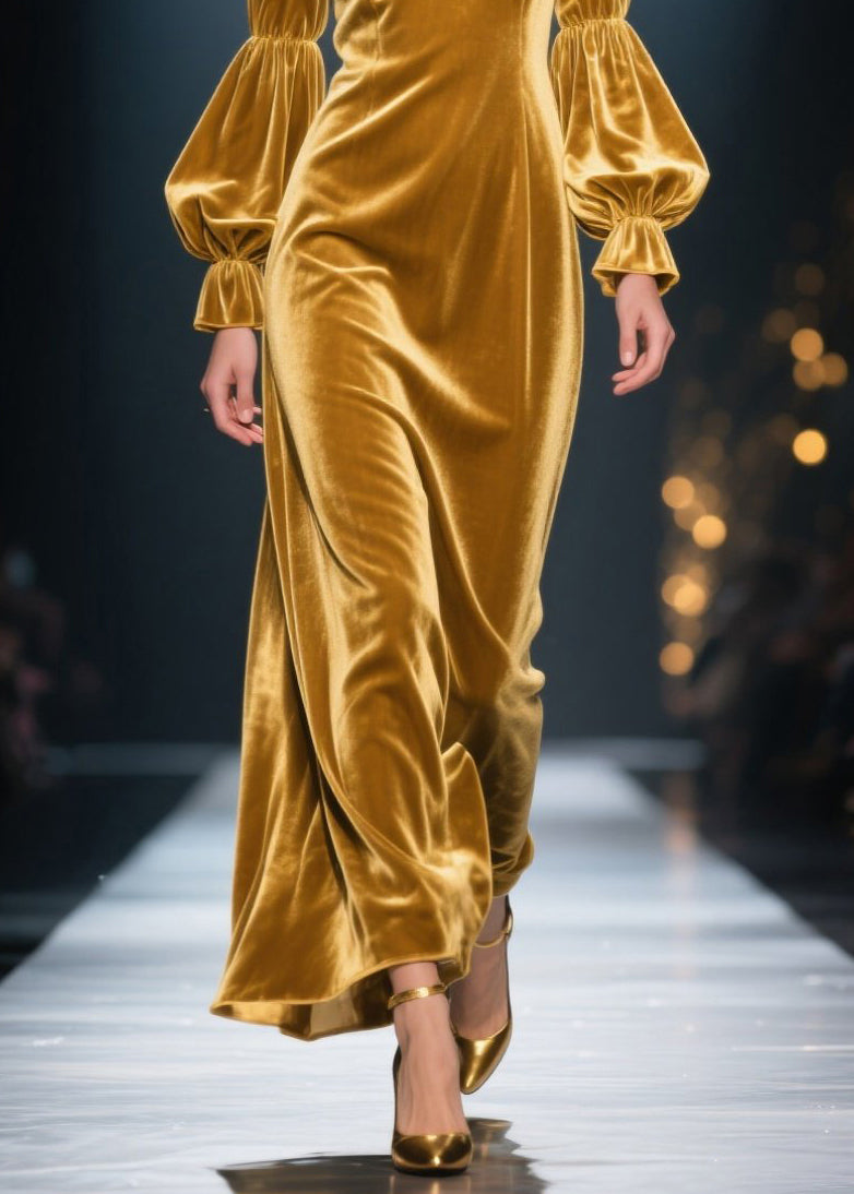 Ruffle Collar Deep V-Neck Velvet Balloon Sleeve Floor Length Maxi Gown