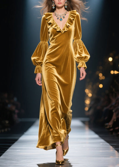Ruffle Collar Deep V-Neck Velvet Balloon Sleeve Floor Length Maxi Gown