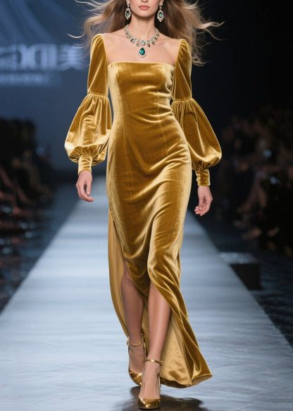 Square Neck Bishop Sleeve Velvet High-Slit Column Gown