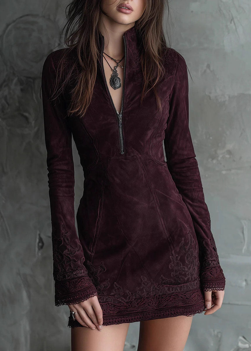 Mock Neck Quarter Zip Embroidered Lace Cuff Paneled Faux Suede Mini Dress