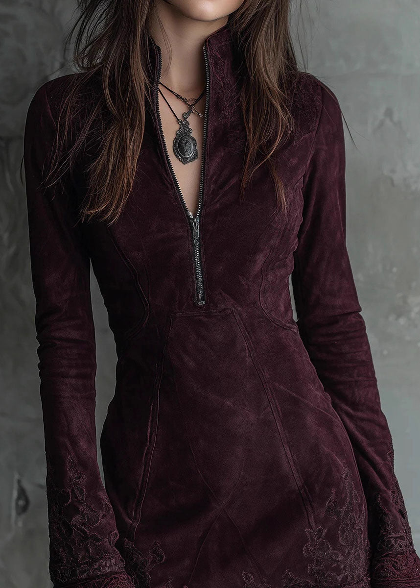Mock Neck Quarter Zip Embroidered Lace Cuff Paneled Faux Suede Mini Dress