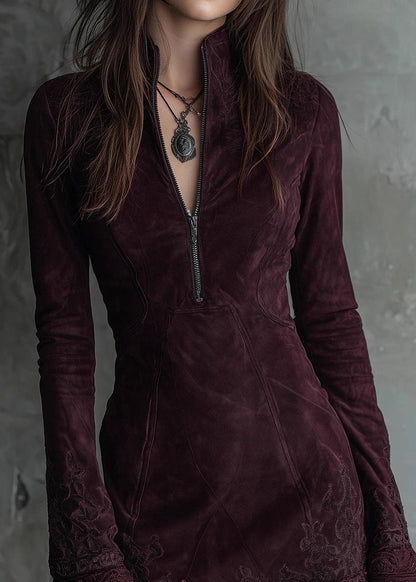 Mock Neck Quarter Zip Embroidered Lace Cuff Paneled Faux Suede Mini Dress