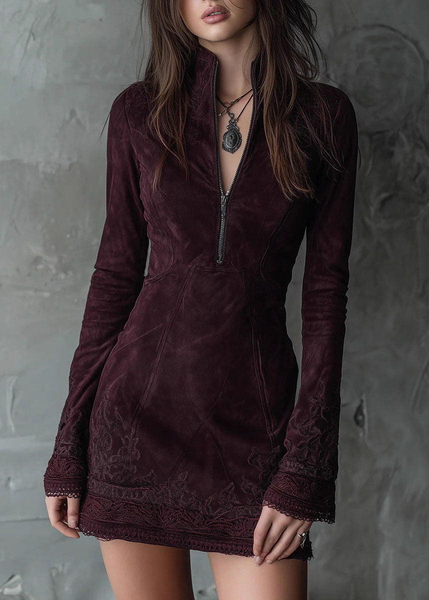 Mock Neck Quarter Zip Embroidered Lace Cuff Paneled Faux Suede Mini Dress
