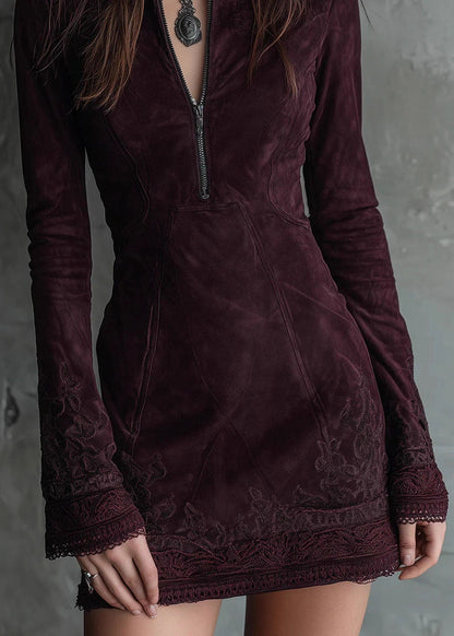 Mock Neck Quarter Zip Embroidered Lace Cuff Paneled Faux Suede Mini Dress