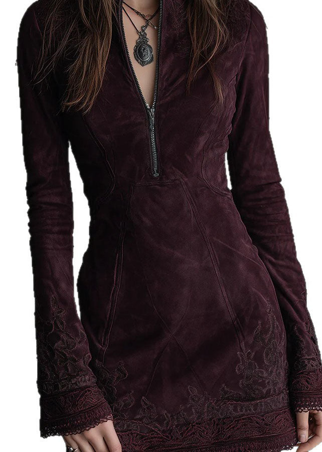 Mock Neck Quarter Zip Embroidered Lace Cuff Paneled Faux Suede Mini Dress