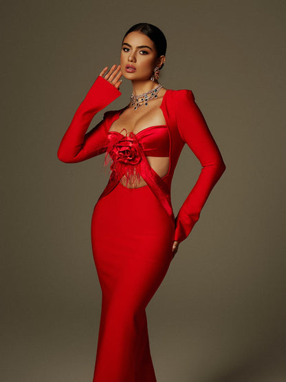 Flower Fringe Bandage Column Maxi Gown