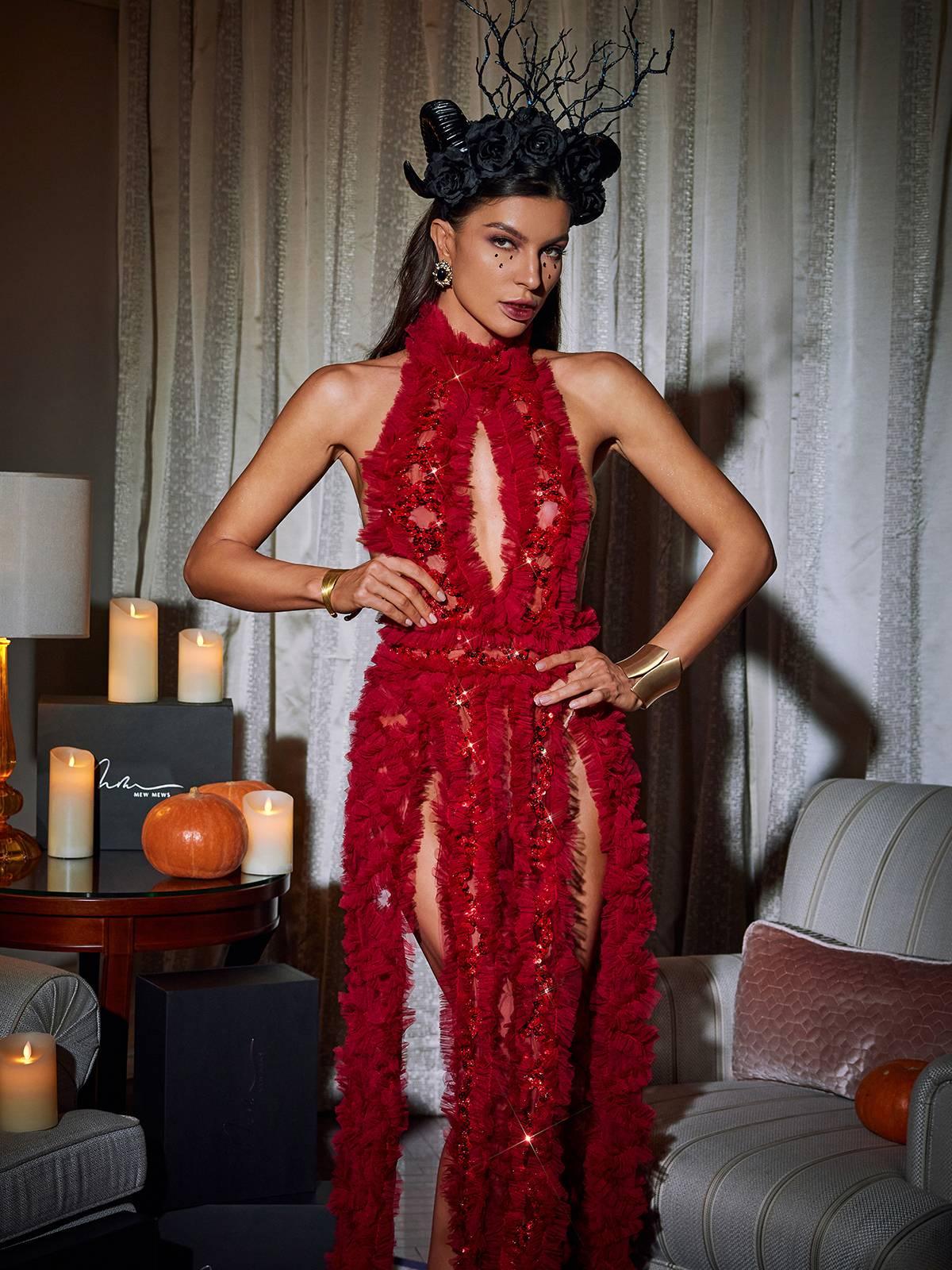 High Collar Tulle Overlay Midi Dress