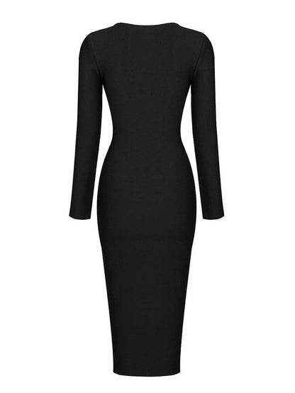 Long Sleeve Exposed Back Zip High Slit Bandage Midi Dress
