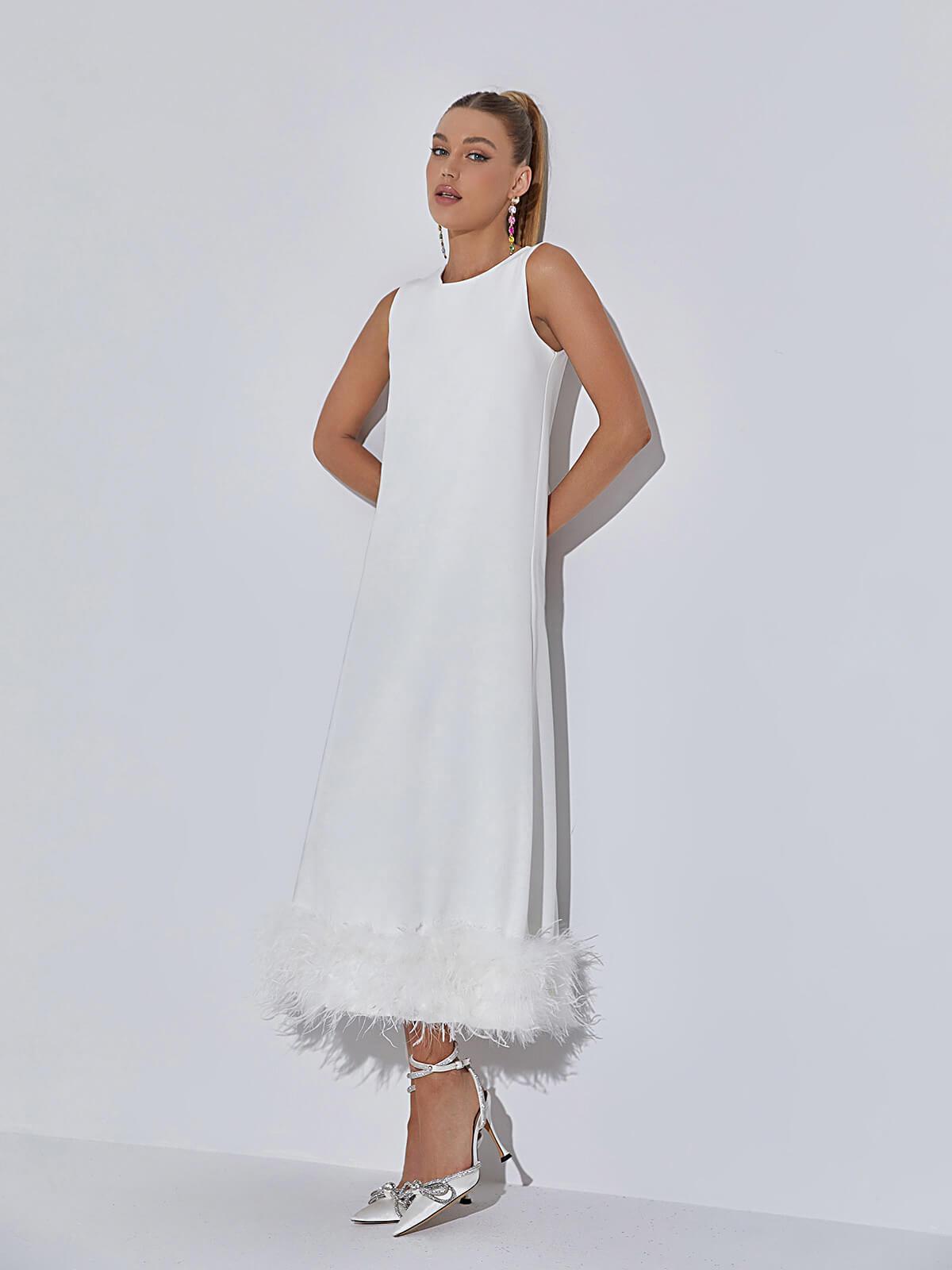 Crew Neck Shift Feather Hem Midi Dress