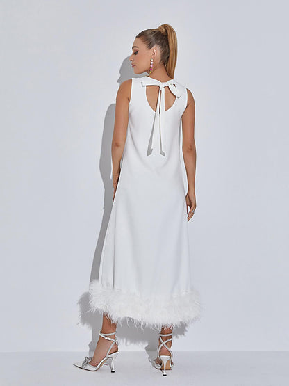 Crew Neck Shift Feather Hem Midi Dress