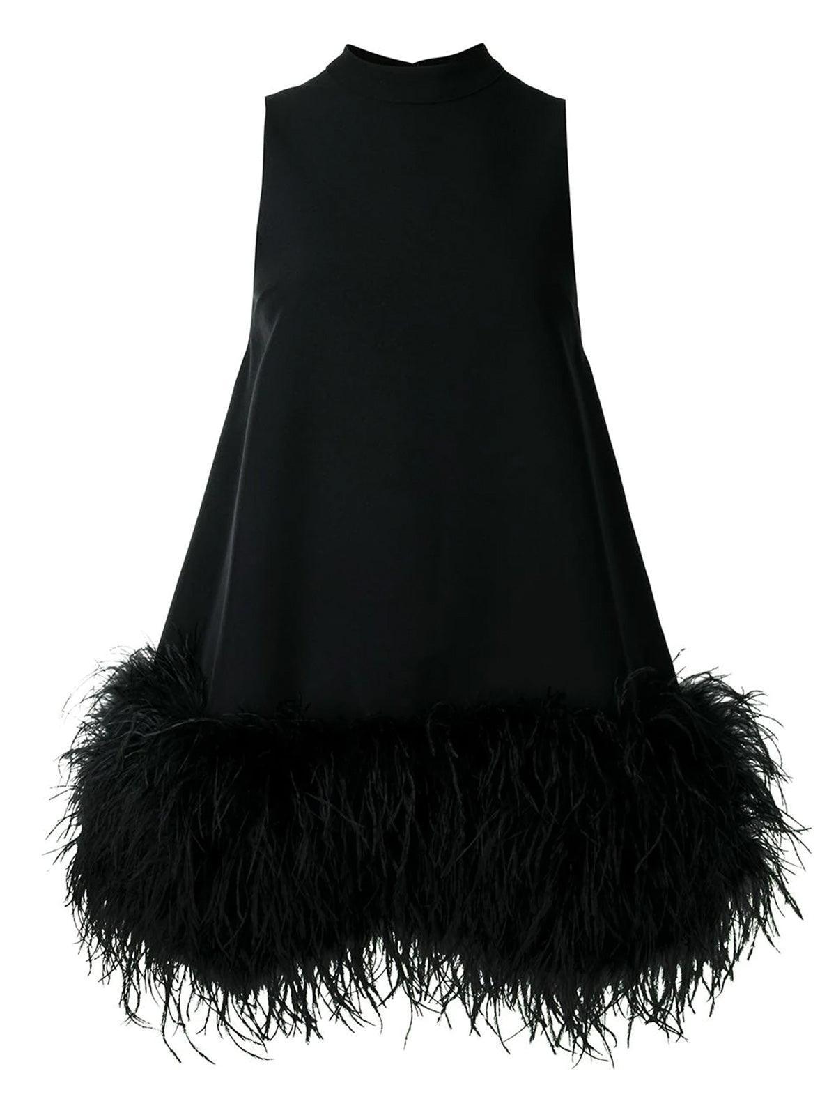 Mock Neck Sleeveless Ostrich Feather Hem Shift Mini Dress