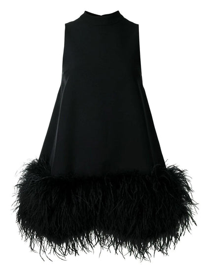 Mock Neck Sleeveless Ostrich Feather Hem Shift Mini Dress
