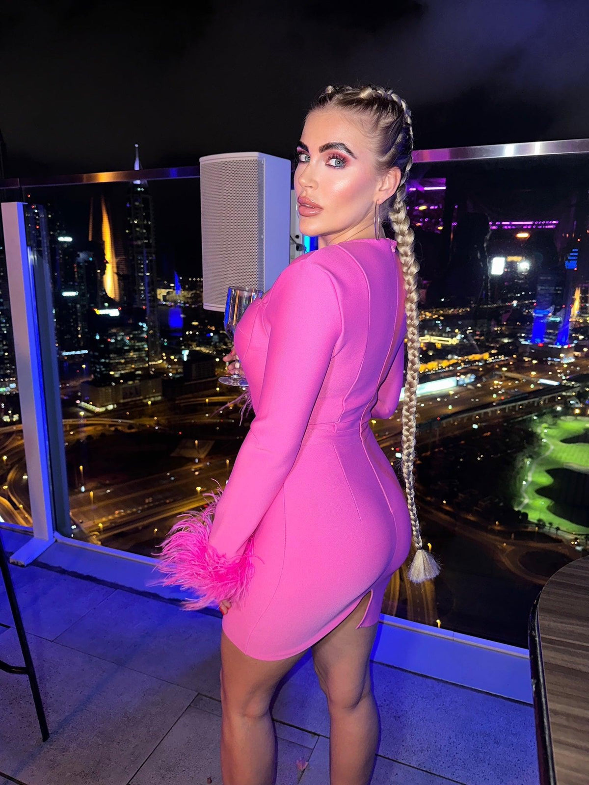 Sweetheart Corset Long Sleeve Feather Cuff Bandage Mini Dress