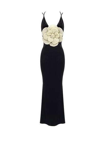 Deep V Neck 3D Flower Applique Velvet Mermaid Maxi Gown