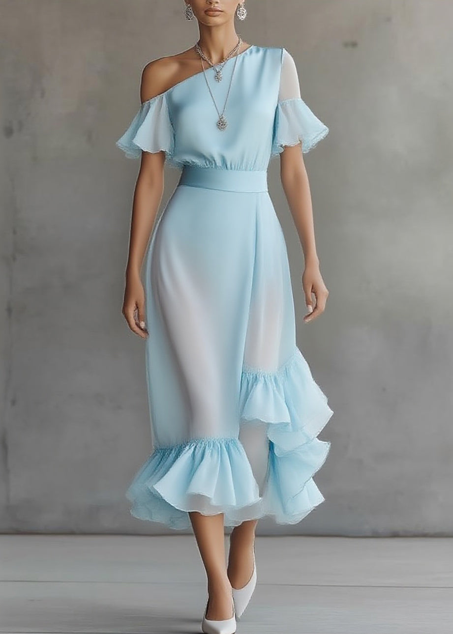 One-Shoulder Cold-Shoulder Flutter Sleeve Tiered Asymmetric Ruffle Midi Dress