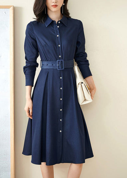 Peter Pan Collar Button Belt Pleated A-Line Midi Shirt Dress