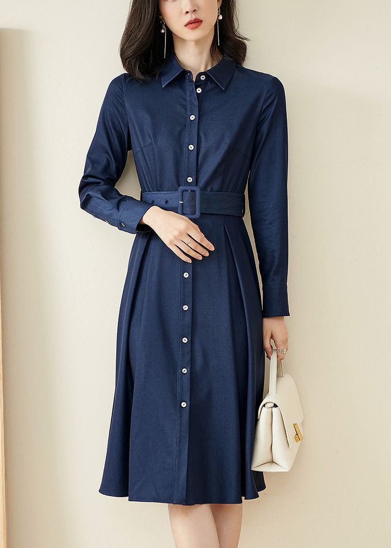 Peter Pan Collar Button Belt Pleated A-Line Midi Shirt Dress
