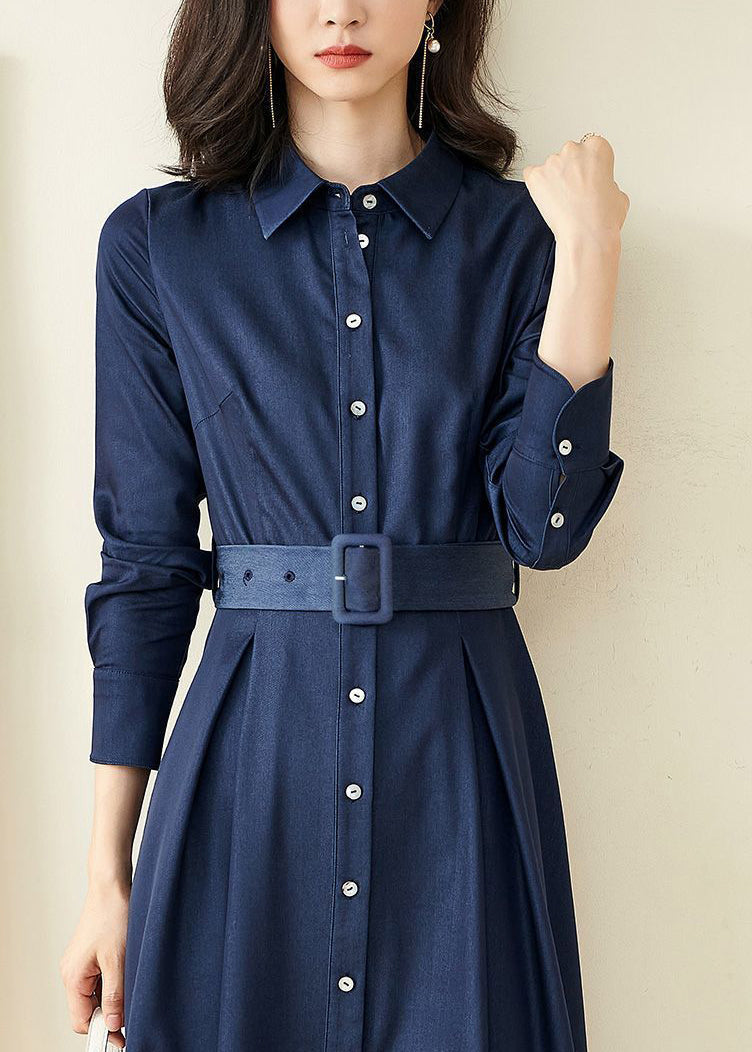 Peter Pan Collar Button Belt Pleated A-Line Midi Shirt Dress